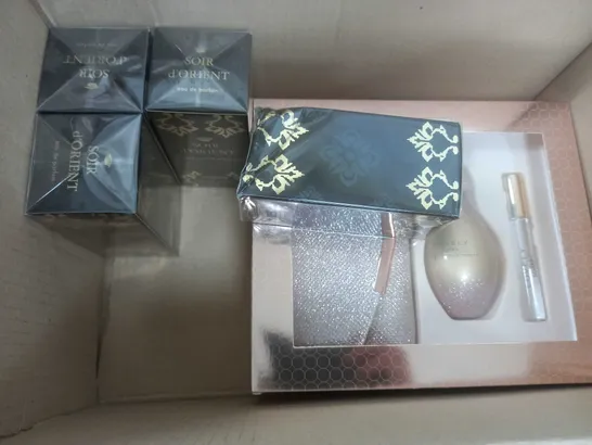 BOX OF APPROXIMATELY 8 ASSORTED HEALTH & BEAUTY ITEMS TO INCLUDE - SOIR DORIENT EAU DE PARFUM , LOVELY YOU GIFT SET , VICTORIAS SECRET LOVE IS HEAVENLY ETC