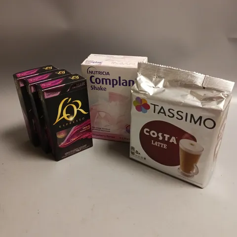 BOX OF APPROX 14 ASSORTED FOOD ITEMS TO INCLUDE - TASSIMO COSTA LATTE - NUTRICIA FOOD SUPPLEMENT SHAKE - L'OR ESPRESSO CUPS ETC