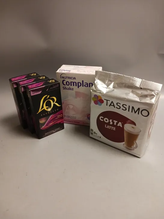 BOX OF APPROX 14 ASSORTED FOOD ITEMS TO INCLUDE - TASSIMO COSTA LATTE - NUTRICIA FOOD SUPPLEMENT SHAKE - L'OR ESPRESSO CUPS ETC