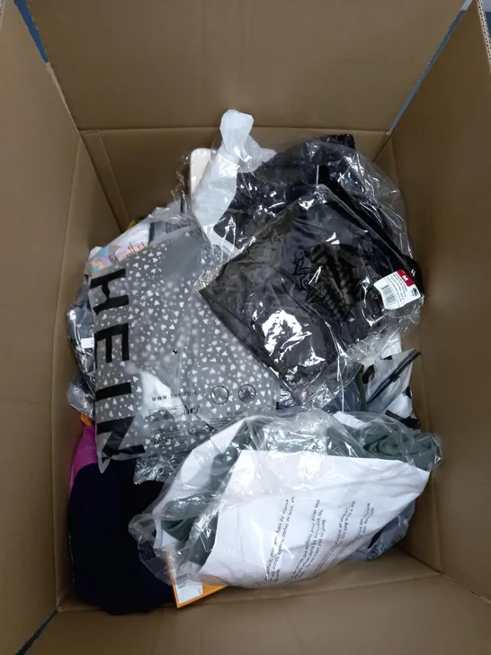 LARGE BOX OF ASSORTED CLOTHING ITEMS IN VARIOUS COLOURS AND SIZES INCLUDING TROUSERS , TOPS AND JUMPERS 