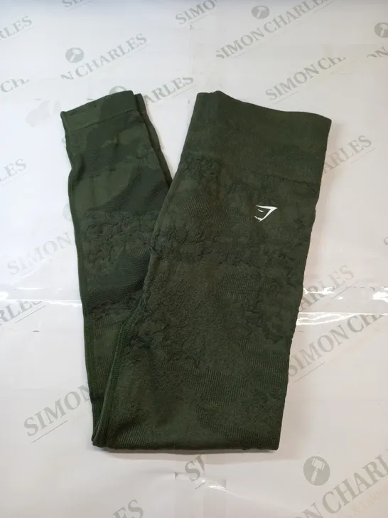 GYMSHARK TEXTURED PRINT LEGGINGS IN KHAKI GREEN SIZE MEDIUM