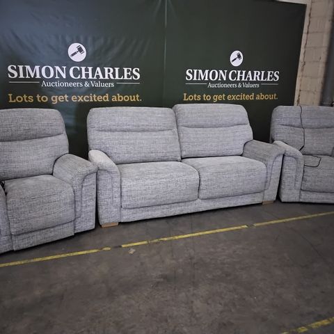 QUALITY G PLAN HARRISON WAFFLE SMOKE FABRIC LOUNGE SUITE, COMPRISING, FIXED THREE SEATER SOFA & PAIR POWER RECLINING EASY CHAIRS 