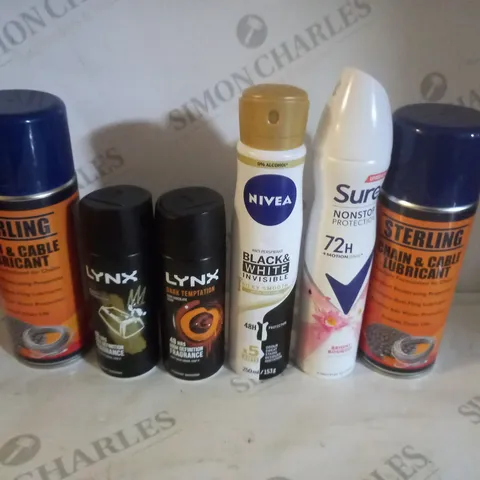 BOX OF APPROX 15 ASSORTED AEROSOLS INCLUDING STERLING CHAIN & CABLE LUBRICANT, NIVEA BLACK AND WHITE DEODORANT, SURE BRIGHT BOUQUET DEODORANT - COLLECTION ONLY