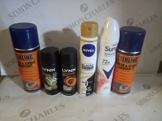 BOX OF APPROX 15 ASSORTED AEROSOLS INCLUDING STERLING CHAIN & CABLE LUBRICANT, NIVEA BLACK AND WHITE DEODORANT, SURE BRIGHT BOUQUET DEODORANT - COLLECTION ONLY