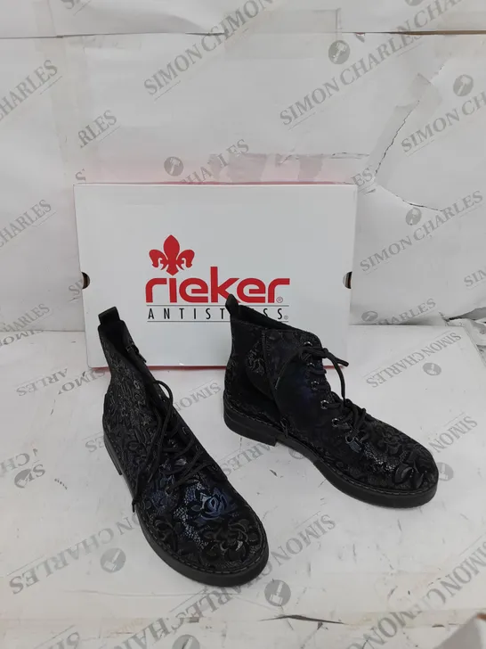 BOXED PAIR OF REIKER LACE UP BOOTS IN NAVY - SIZE 5