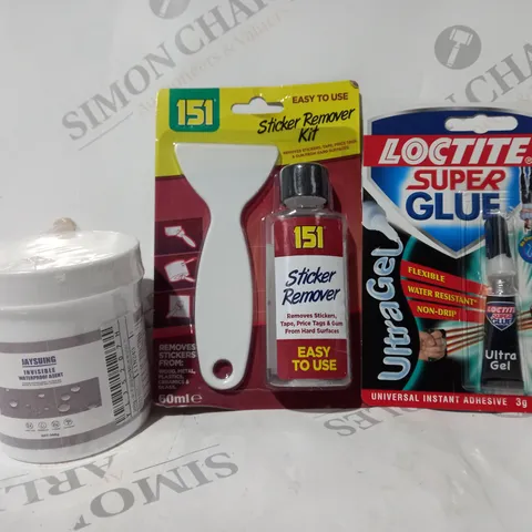 APPROXIMATELY 20 ASSORTED HOUSEHOLD ITEMS TO INCLUDE LOCTITE SUPER GLUE, TICKER REMOVER KIT, ETC