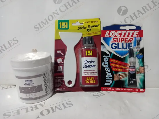 APPROXIMATELY 20 ASSORTED HOUSEHOLD ITEMS TO INCLUDE LOCTITE SUPER GLUE, TICKER REMOVER KIT, ETC