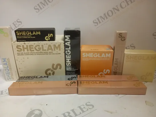 BOX OF APPROX 10 ASSORTED SHEGLAM BEAUTY PRODUCTS TO INCLUDE HIGHLIGHTING BODY MIST, COMPLEXION PRO FOUNDATION, SUNSIDE BRONZER, ETC 