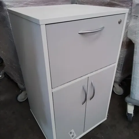 BEDSIDE WHEELED CUPBOARD WITH LOCKABLE DROP DOWN FRONT GREY/WHITE