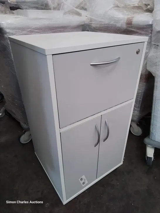 BEDSIDE WHEELED CUPBOARD WITH LOCKABLE DROP DOWN FRONT GREY/WHITE