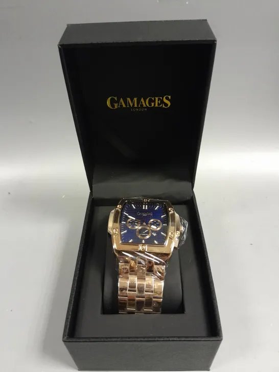BOXED GAMAGES MAGNITUDE ROSE GOLD COLOUR BLUE DIAL WATCH 