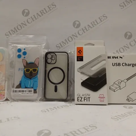 BOX OF APPROX 15 ASSORTED ITEMS TO INCLUDE - IDISON USB CHARGER CABLE - GLASTR EZ FIT - CLEAR PUG IPHONE 13 PRO MAX ECT