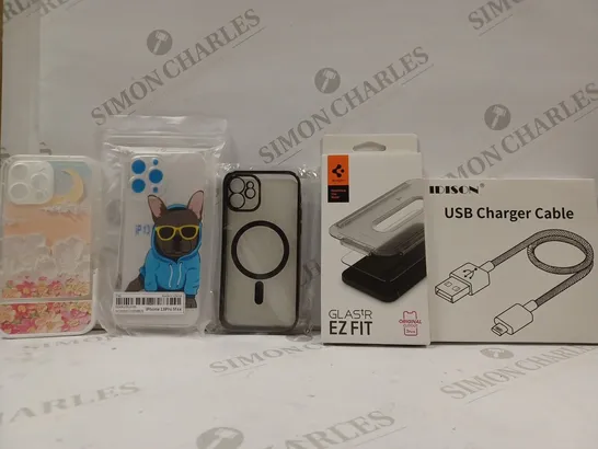 BOX OF APPROX 15 ASSORTED ITEMS TO INCLUDE - IDISON USB CHARGER CABLE - GLASTR EZ FIT - CLEAR PUG IPHONE 13 PRO MAX ECT