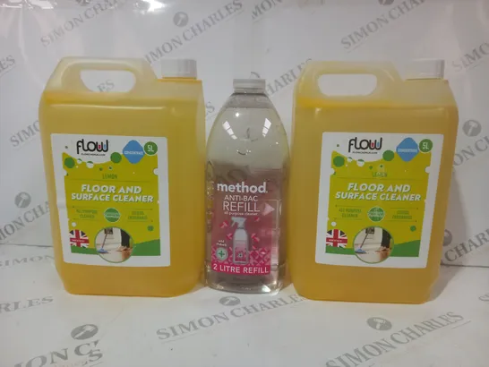 3 ASSORTED LIQUIDS TO INCLUDE FLOW FLOOR AND SURFACE CLEANER, AND METHOD ANTI-BAC REFILL
