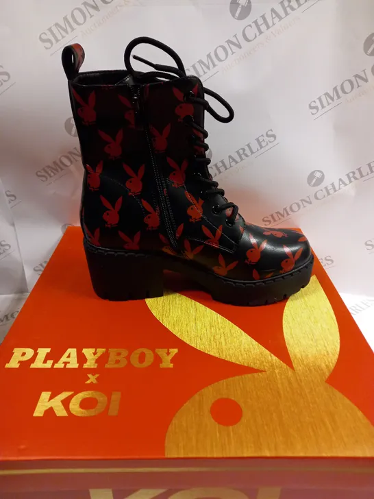 BOXED KOI FOOTWEAR THE ORNATE SOUL PLAYBOY RED HEELED BOOTS - 6