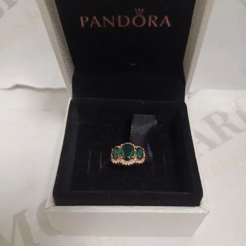 PANDORA ROSE GOLD RING WITH THREE EMERALD EFFECT STONES