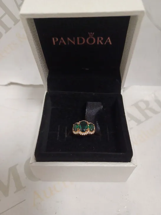 PANDORA ROSE GOLD RING WITH THREE EMERALD EFFECT STONES