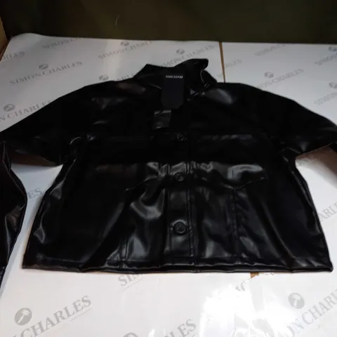 LOST SOUL FAUX LEATHER CROPPED TRUCKER JACKET IN BLACK - SIZE 10