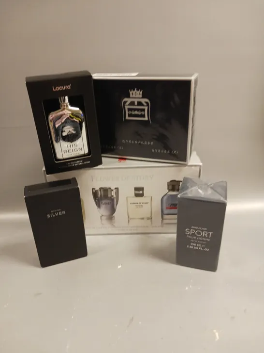 BOX OF 5 ASSORTED PERFUMES TO INCLUDE ZARA MAN SILVER, RIVER ISLAND SPORT AND LACURA HIS REIGN ETC