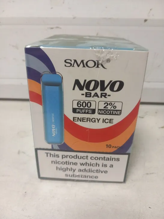 BRAND NEW BOXED AND SEALED SMOK NOVO BAR ENERGY ICE 600 PUFFS DISPOSABLE VAPE PACK OF 10