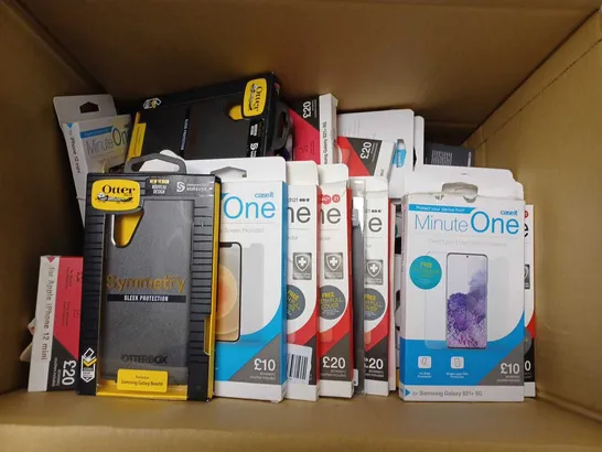 BOX OF APPROXIMATELY 35 ASSORTED PHONE CASES FOR VARIOUS MODELS TO INCLUDE IPHONE 12 MINI, SAMSUNG GALAXY S21+, GOOGLE PIXEL 6 ETC