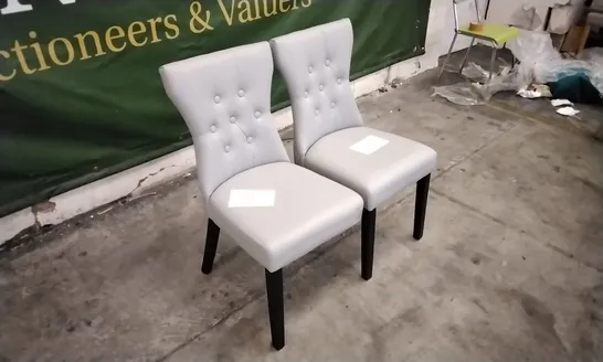 PAIR OF KENSINGTON LIGHT GREY LEATHER BUTTON BACK DINING CHAIRS WITH BLACK LEGS