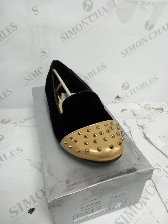 BOXED CASANDRA BLACK & GOLD SPIKED SHOES - SIZE 6