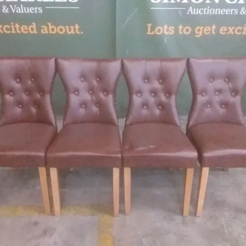SET OF 4 BEWLEY CLUB BROWN LEATHER BUTTON BACK DINING CHAIRS (OAK LEG)