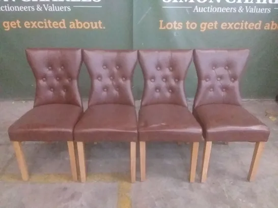 SET OF 4 BEWLEY CLUB BROWN LEATHER BUTTON BACK DINING CHAIRS (OAK LEG)