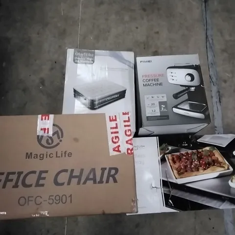 PALLET OF ASSORTED ITEMS INCLUDING MAGIC LIFE OFFICE CHAIR, OLARHIKE DOUBLE HIGH AIR MATTRESS, FLIMEI PRESSURE COFFEE MACHINE, ENGLISH ELECTRIC CORDLESS HOT TRAY