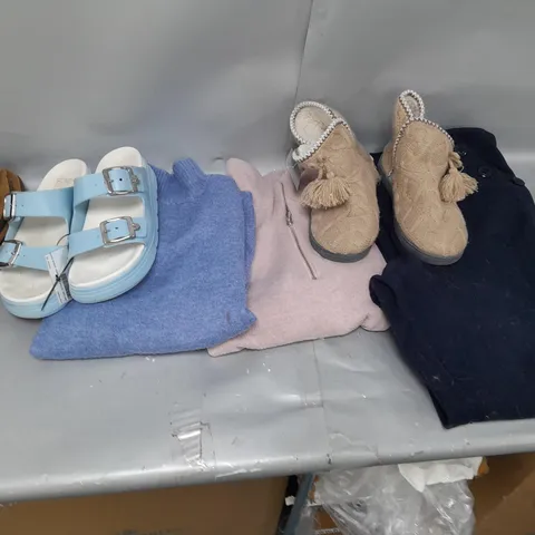 BOX OF APPROXIMATELY 20 ASSORTED CLOTHING ITEMS TO INCLUDE SANDALS, FLEECES, TROUSERS, SLIPPER BOOTS ETC 