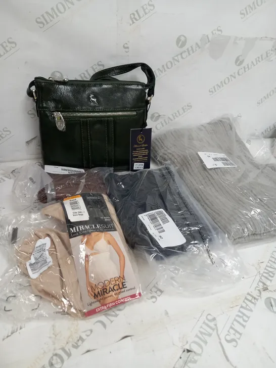 BOX OF APPROXIMATELY 10 ASSORTED ITEMS TO INCLUDE ASHWOOD HANDBAG, MIRACLE SUIT, PURSE ETC