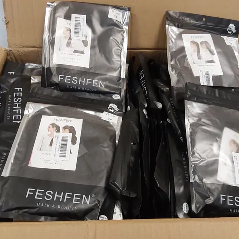 BOX CONTAINING APPROXIMATELY 100 FESHFEN DARK BROWN PONYTAIL EXTENSIONS