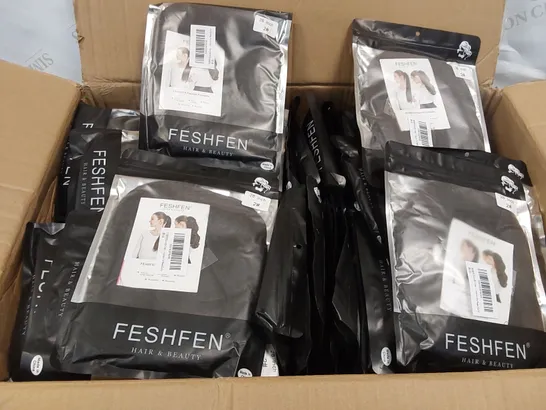 BOX CONTAINING APPROXIMATELY 100 FESHFEN DARK BROWN PONYTAIL EXTENSIONS