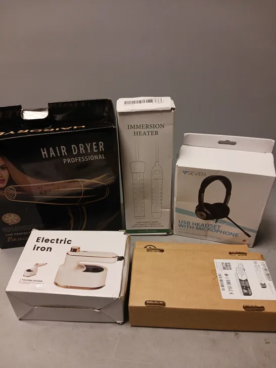 BOX OF ASSORTED ELECTRICAL ITEMS TO INCLUDE HAIR DRYER, HEADPHONES AND IRON