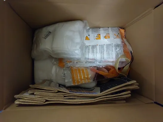 BOX OF APPROX 10 HOUSEHOLD ITEMS TO INCLUDE VACUUM BAGS, USB HEATED THROW, PLASTIC CHAIN FENCE