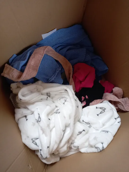 LARGE BOX OF ASSORTED CLOTHING ALL IN VARIOUS SIZES AND COLOURS 