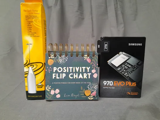 APPROXIMATELY 20 ASSORTED HOUSEHOLD ITEMS TO INCLUDE MINI HAND MIXER, POSITIVITY FLIP CHART, SAMSUNG 970 EVO PLUS, ETC