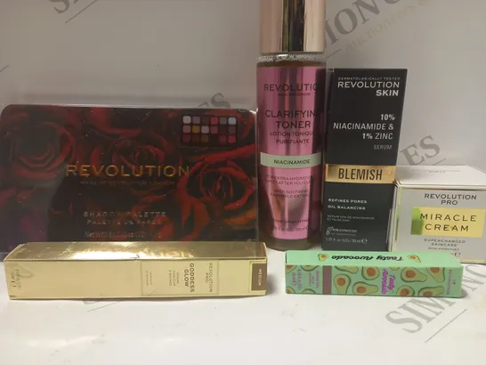 BOX OF 6 ASSORTED REVOLUTION PRODUCTS TO INCLUDE EYESHADOW PALETTE, MIRACLE CREAM, CLARIFYING TONER, ETC 