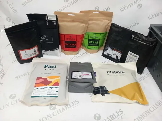 APPROXIMATELY NINE ASSORTED COFFEE BASED PRODUCTS TO INCLUDE; PACT COFFEE, STEAMPUNK COFFEE ROASTERS, COOPERS, KICKBACK COFFEE ROASTING CO, LEICESTER COFFEE HOUSE COMPANY AND JABBAJAWS