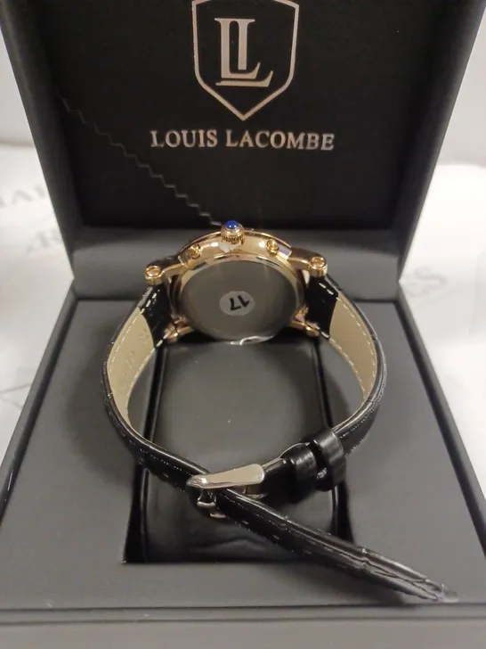 LOUIS LACOMBE CHRONOGRAPH ROMAN NUMERAL WAVE TRIPLE DIAL BLACK LEATHER STRAP WRISTWATCH