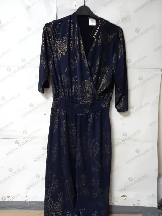 KIM & CO FOIL PAISLEY BRAZIL JERSEY JUMPSUIT IN NAVY SIZE MEDIUM 