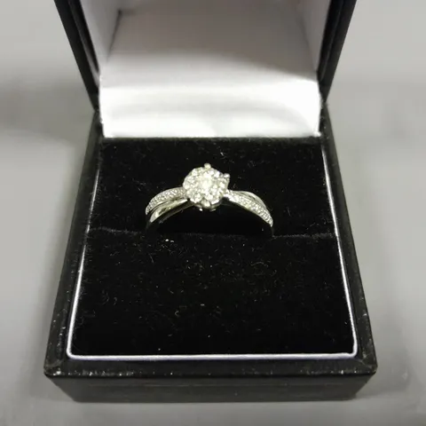 9CT WHITE GOLD RING WITH NATURAL DIAMOND HALO AND TWIST SHOULDERS