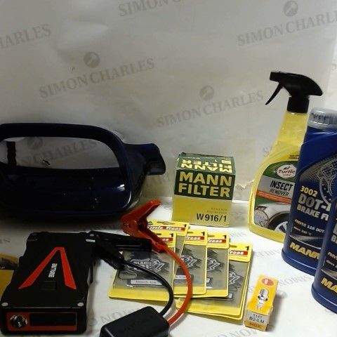 LOT OF ASSORTED ITEMS  TO INCLUDE; BRAKE FLUID, JUMP STARTER ETC