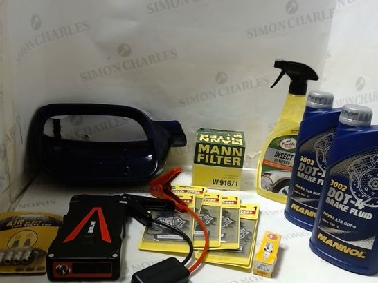 LOT OF ASSORTED ITEMS  TO INCLUDE; BRAKE FLUID, JUMP STARTER ETC