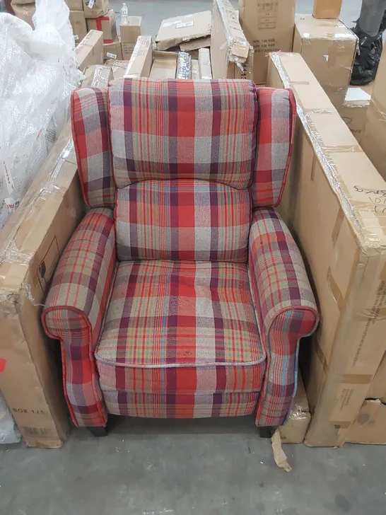 DESIGNER TARTAN PATTERN FABRIC UPHOLSTERED CHAIR 