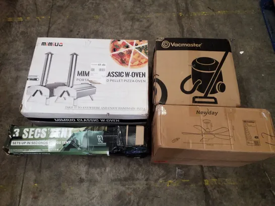 PALLET OF ASSORTED PRODUCTS INCLUDING LED CEILING FAN, LARGE TENT, PORTABLE PIZZA OVEN, VACMASTER, LED BATHROOM MIRROR