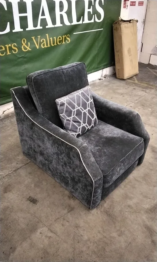 DESIGNER DARK GREY FABRIC ARMCHAIR WITH PATTERNED CUSHION