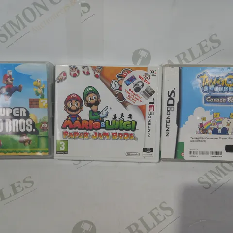 LOT OF 3 NINTENDO VIDEO GAMES TO INCLUDE MARIO & LUIGI PAPER JAM BROS (3DS), SUPER MARIO BROS (DS), & TAMAGOTCHI CONNEXION CORNER SHOP (DS)