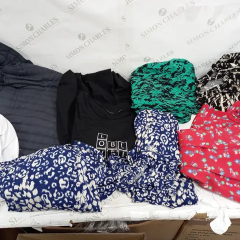 LARGE BOX OF ASSORTED CLOTHING ITEMS TOO INCLUDE TOPS , DRESSES AND TSHIRTS COMING IN DIFFERENT COLOURS AND SIZES 